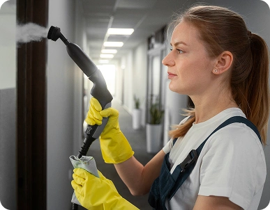 Na pierwszym planie widoczna jest kobieta, która zajmuje się chemiczną obróbką powierzchni drzwi lub ściany. Ma na sobie białą krótką koszulkę i ciemne spodnie robocze lub kombinezon, co podkreśla jej status zawodowy.